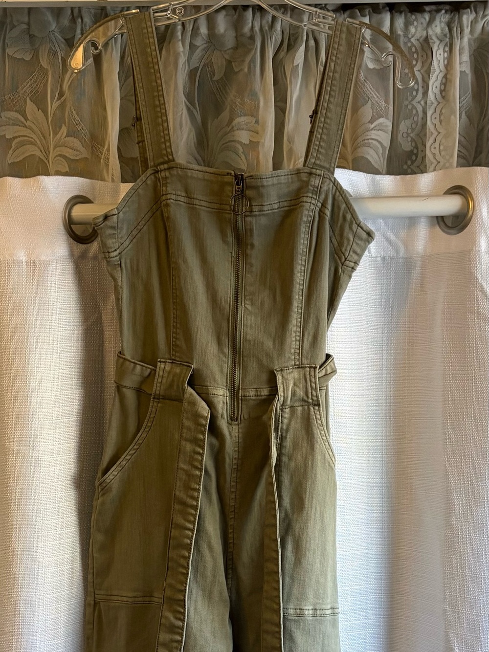Arizona jean company olive green denim overalls/jumpsuit size small.